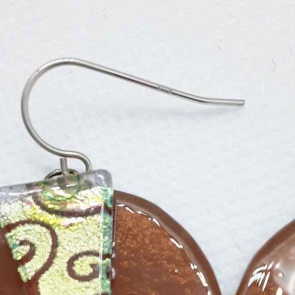 Root Beer Colored Dichroic Glass French Wire Earring Tops Marked 925 Sterling - Picture 5 of 10